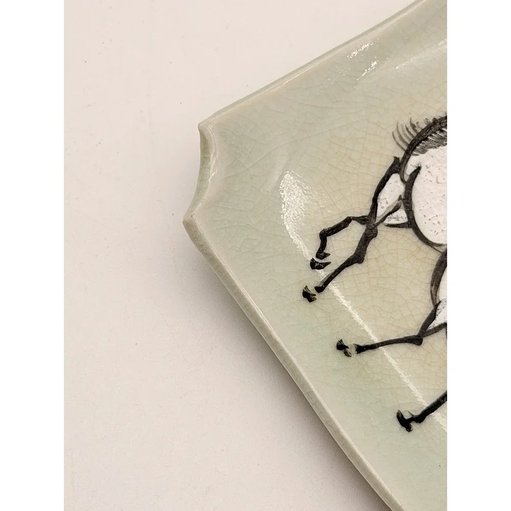 Vintage Celadon Crackle Glaze Horse Trinket Dish Asian Hand Painted Square Plate